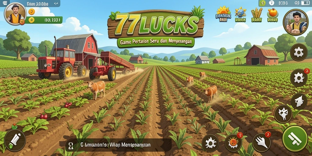 Tampilan gameplay seru dalam 77LUCKS, menunjukkan aktivitas bertani yang menyenangkan.