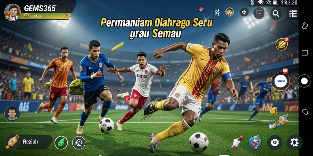 Screenshot utama GEMS365 menampilkan aksi permainan olahraga yang menarik.