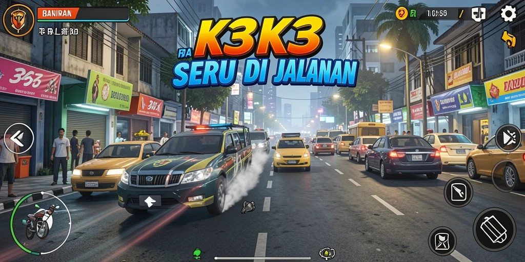 Tampilan gameplay balapan seru dalam K3K3 yang menampilkan kecepatan tinggi.