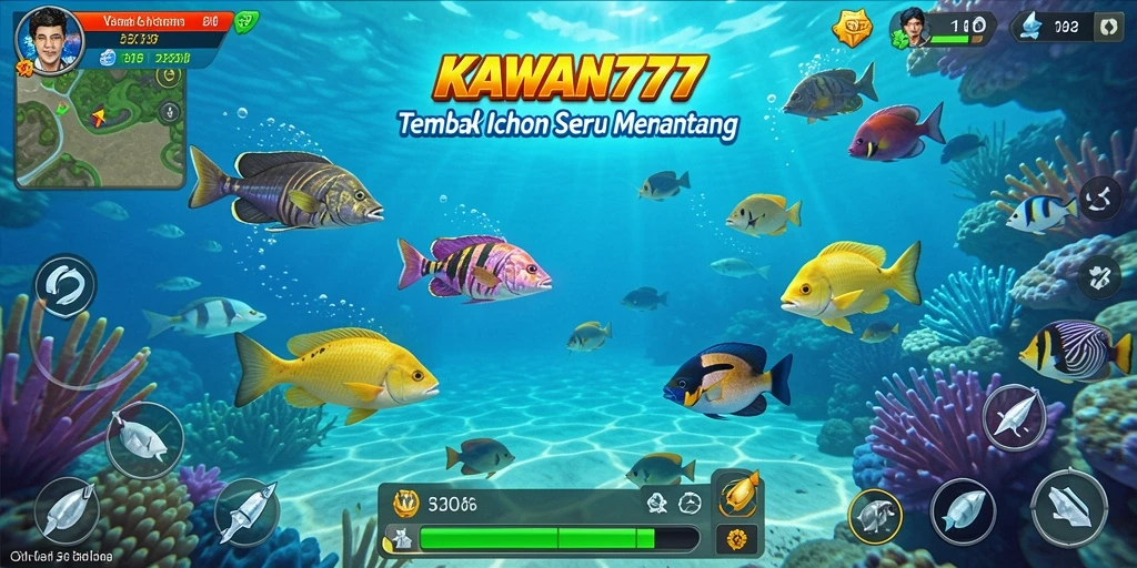 Screenshot gameplay KAWAN777 menampilkan aksi seru menembak ikan.