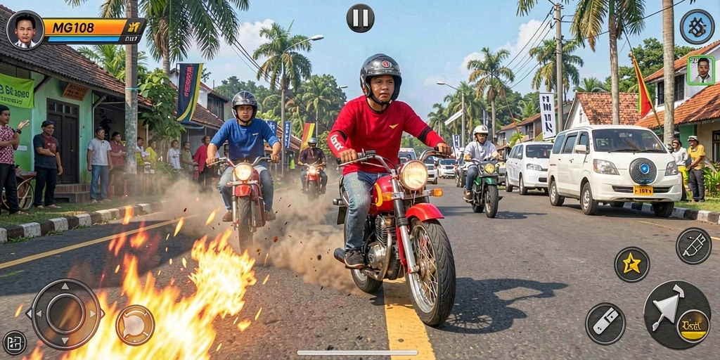 Gameplay seru MG108 dengan balapan mendebarkan di jalan raya.