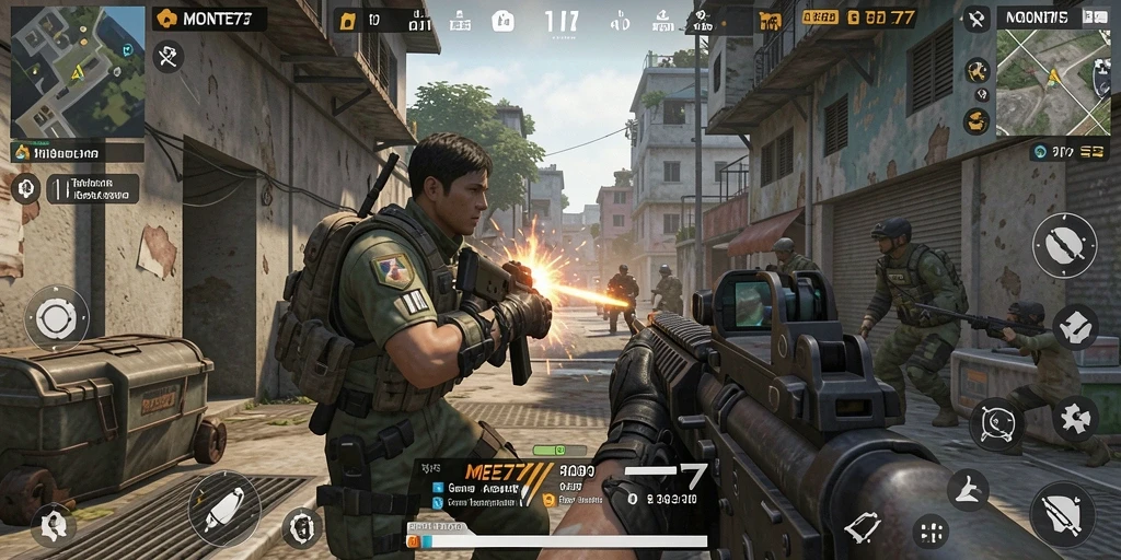 Screenshot gameplay MONTE77 menampilkan aksi menegangkan di medan pertempuran.