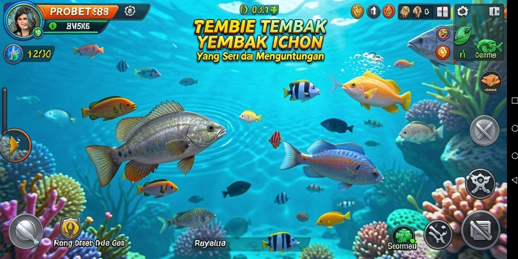 Screenshot gameplay PROBET88 yang menunjukkan aksi menembak ikan.