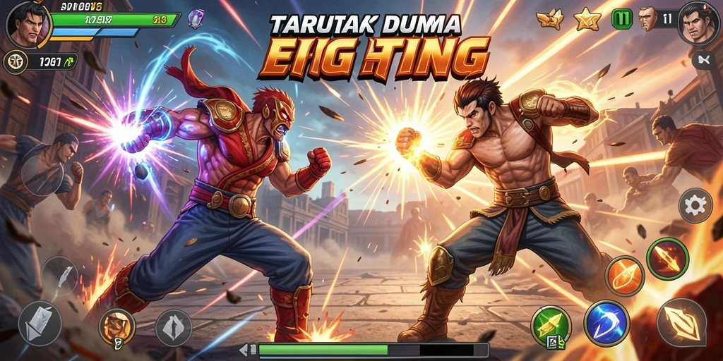 Screenshot V21 menunjukkan aksi pertarungan intens dan karakter unik.